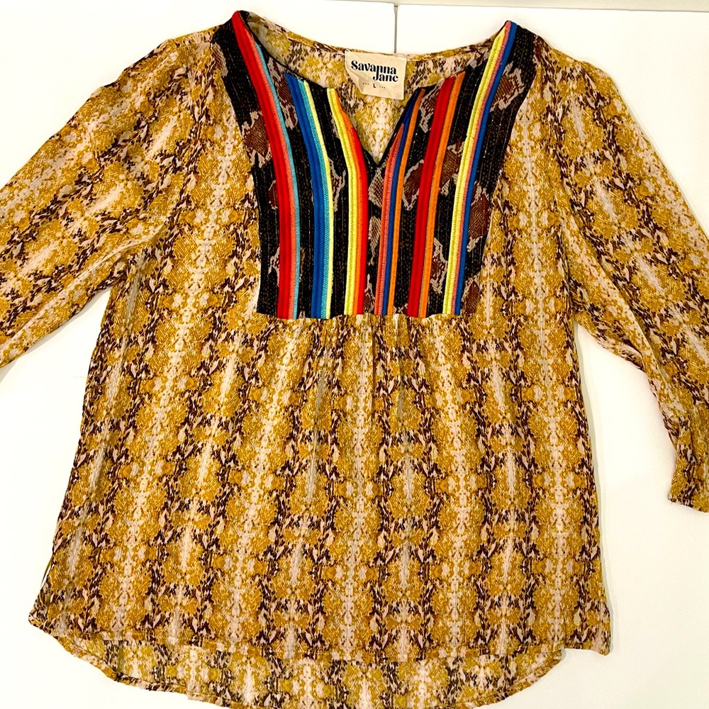 Savanna Jane Boho Embroidered Blouse Relaxed Gold Shiny Snakeprint SZ Large